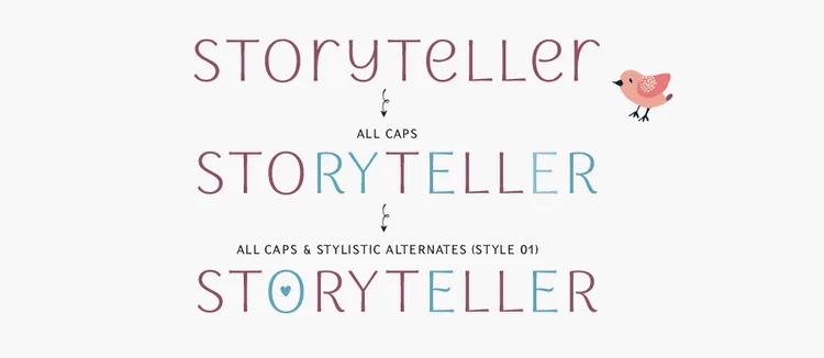 Storyteller Sans Serif fonts main features include stylistic alternates and catchwords (ʻeverʼ,ʻonlyʼ,ʻandʼ,ʻforʼ,ʻthereʼ,ʻtoʼ)