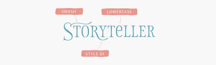 Storyteller Serif fonts main features include stylistic alternates, catchwords (same as in Sans fonts) and swashes